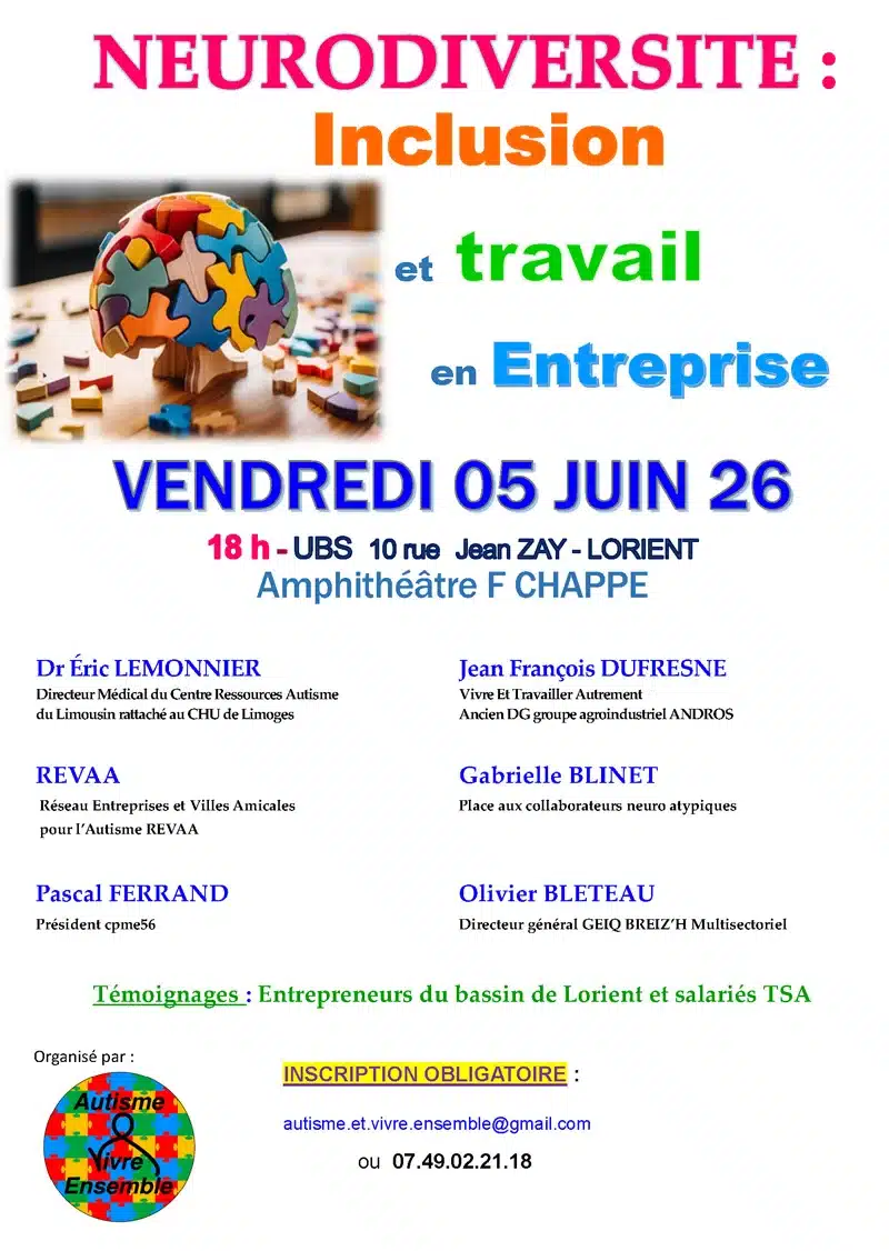 Conférence | Neurodiversité : inclusion et travail en entreprise. Vendredi 5 juin 2026 à 18h, Lorient